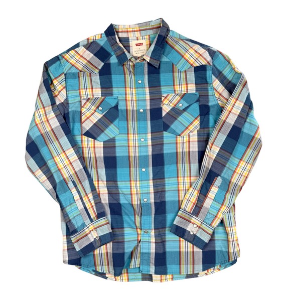 Levi's Other - Levis Mens XXL Western Plaid Pearl Snap Button Shirt Blue Orange 2XL 3LYLW3302